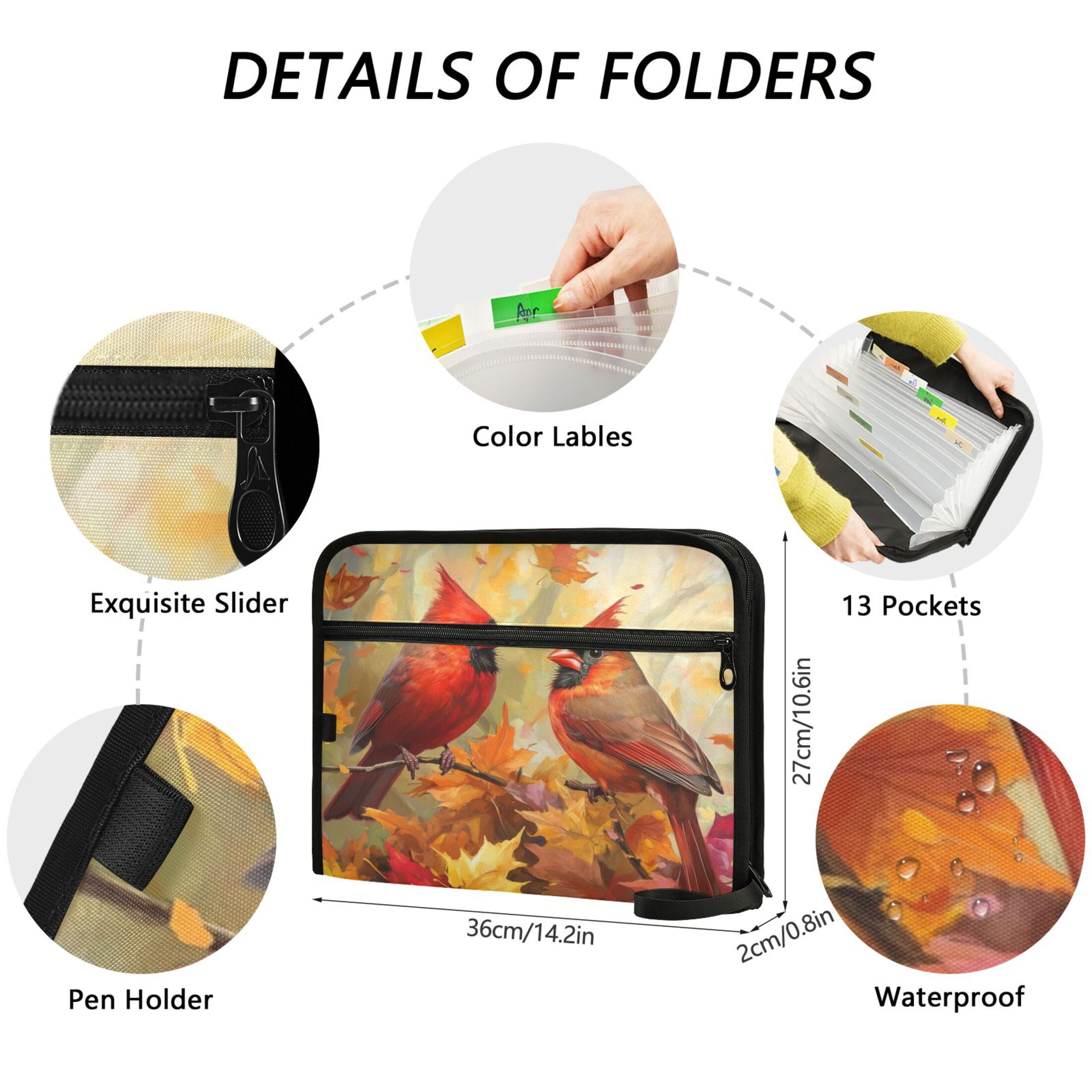 Accordion File Organizer with Zip Closure 13 Pockets Expanding File Folder Letter A4 Paper Document Organizer for Home Office Red Birds