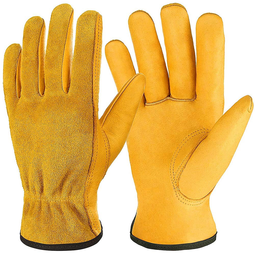 Outdoor High Quality Yellow & Grey Rigger Leather Gloves Heavy Duty Gardening 