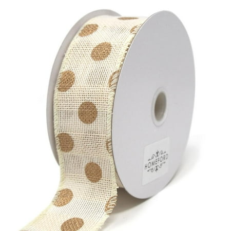 Gold Dot Wire - Gold Polka Dots Faux Burlap Wired Ribbon, Ivory, 1-1/2-Inch, 10 Yards