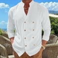 thumbnail image 2 of hoksml Men's Mandarin Collar Double Breasted Long Sleeve Linen Blend Shirt Breathable Loose Fit Casual Beach Button Down Shirt, 2 of 8
