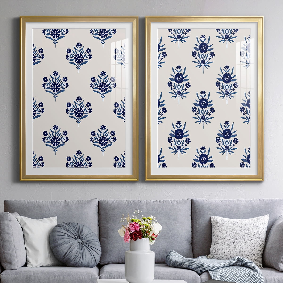 Wexford Home Indigo Bloom Pattern I Premium Framed Print, 18.5" x 24.5" - Ready to Hang, Gold (Set of 2)
