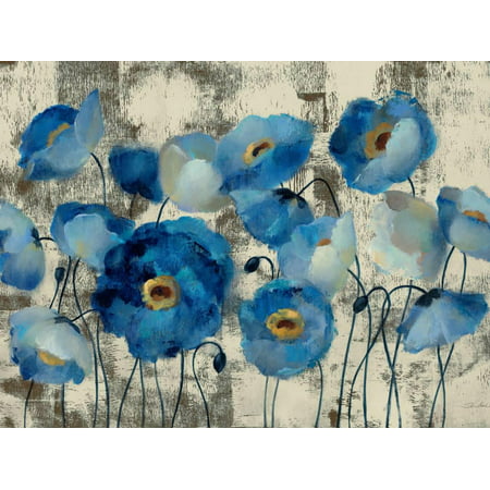 Aquamarine Floral Blue Poppy Flowers Botanical Scene Print Wall Art By Silvia