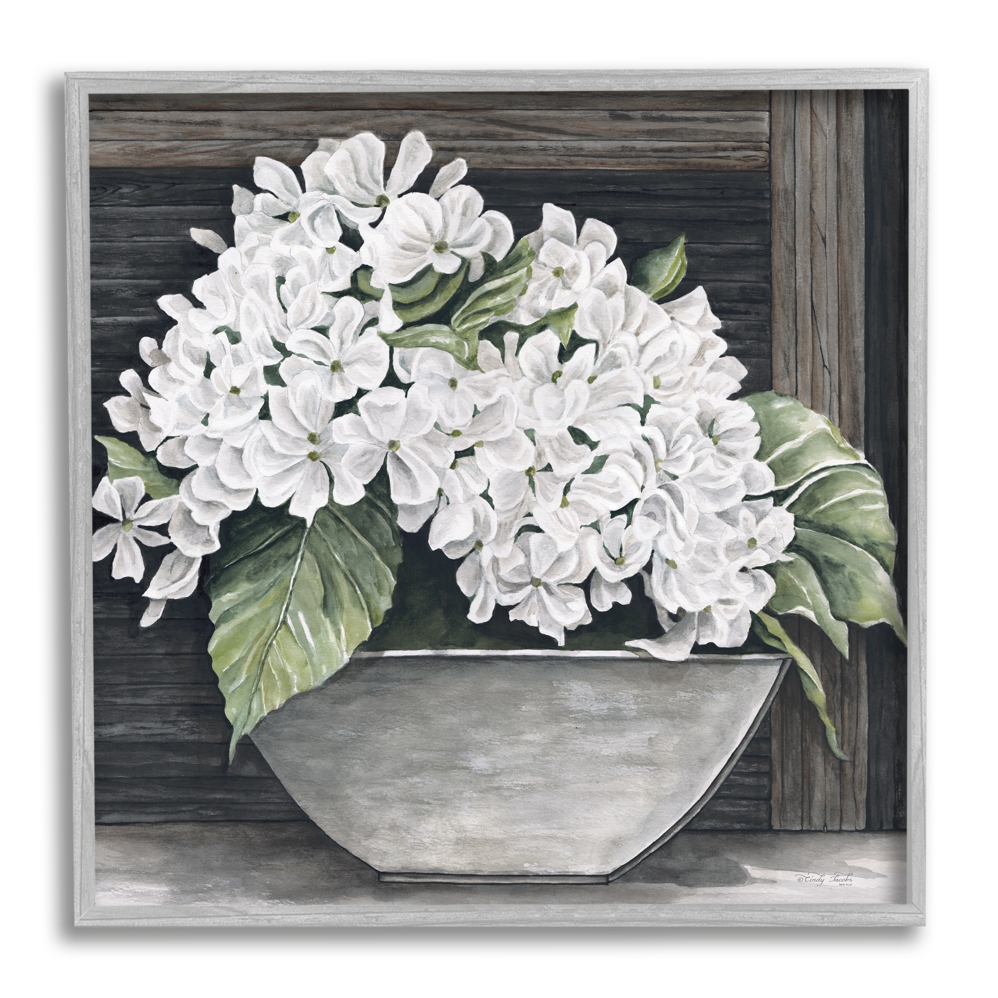 Stupell Industries White Geranium Flower Planter Rustic Country Scene Painting Gray Framed Art Print Wall Art, Design by Cindy Jacobs