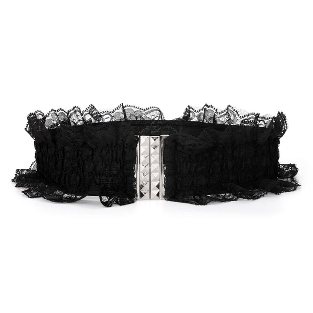 Cinturón de malla decorado con encaje y hebilla entrelazada de tela elástica para mujeres, talla única, negro