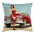 thumbnail image 1 of Pin up Girl Throw Pillow Cushion Cover, Short Dutch Haircut Style Brunette Lady Standing in Front of a Brand New Car, Decorative Square Accent Pillow Case, 24 X 24 Inches, Multicolor, by Ambesonne, 1 of 2