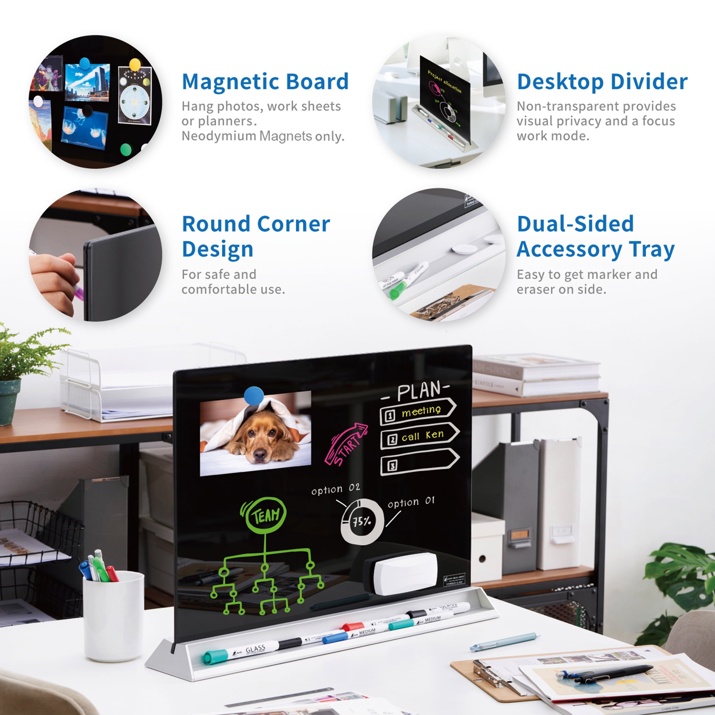 Audio-Visual Direct Magnetic Desktop Memo White Board for Reception & Office (Divider, Black)
