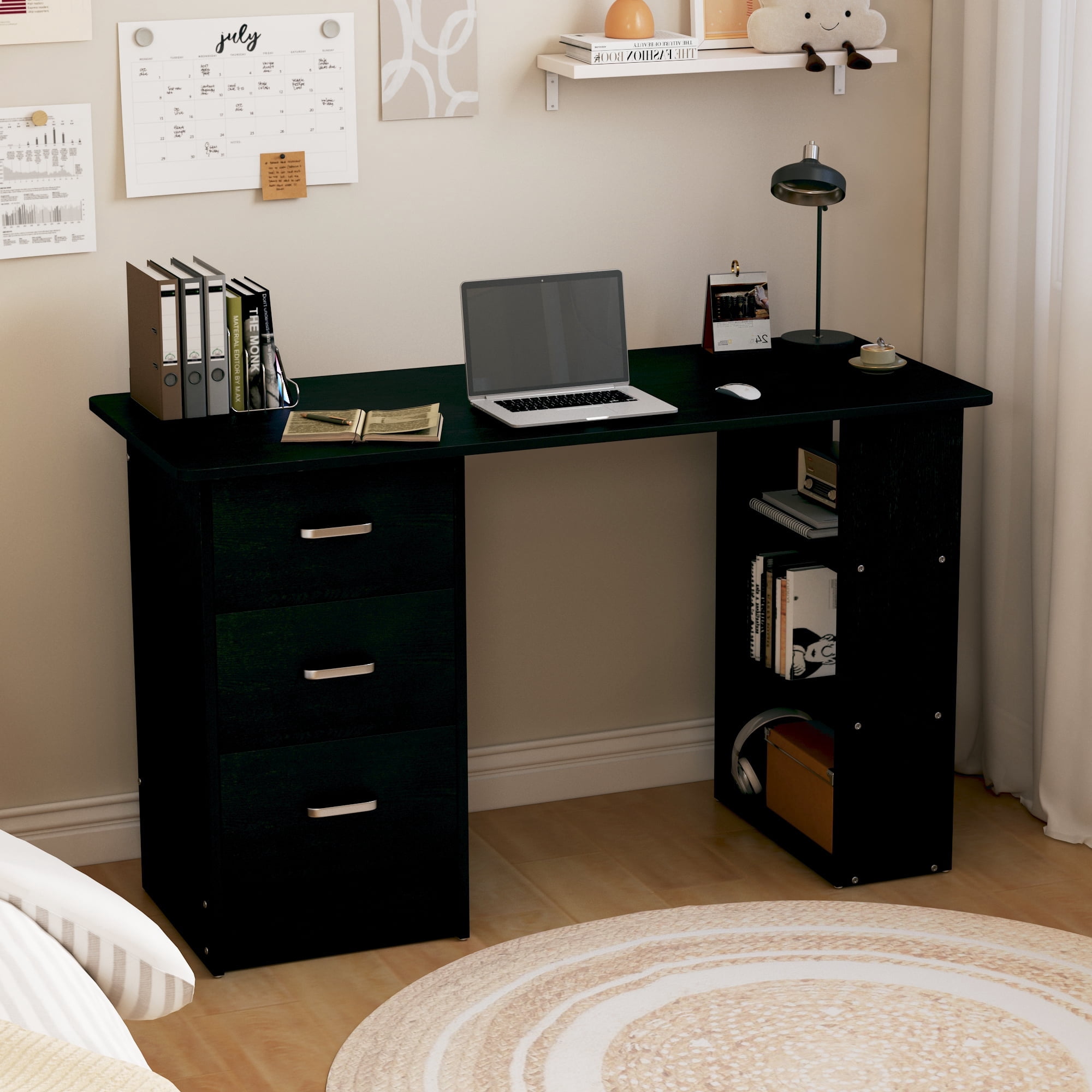 Chnnmbrn Computer Desk With Drawers,Standing Dressing Desk With Storage Racks,Writing Desk for Home Office , Bedroom,Black