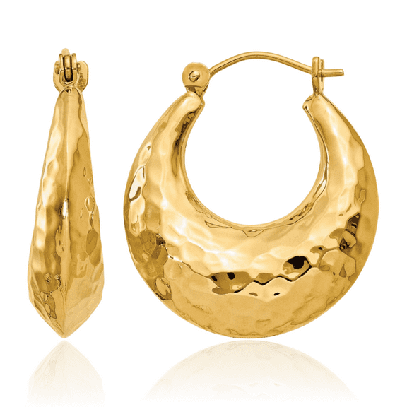 14K Solid Yellow Gold Hammered Oval Medium Hoop Earrings