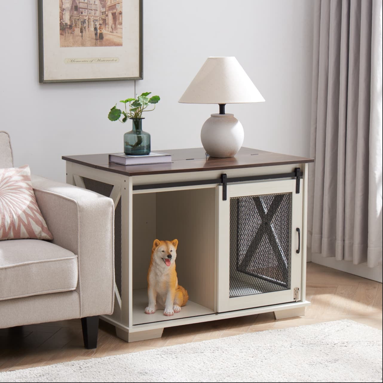 Farmhouse Dog Crate End Table Furniture – Sliding Barn Door, Flip-top Plate & Detachable Divider for Small/Medium/Large Dogs (Gray)