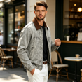 thumbnail image 7 of Rexolia Mens Vintage Washed Denim Jacket Corduroy Collar Long Sleeve Snap Button Jean Coat Retro Streetwear for Fall Winter Outdoor Light Gray L, 7 of 7