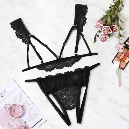 

Fashion Women Plus Size V-Neck Hollow Bra +Thong Lingerie Set Underwear S-2XL