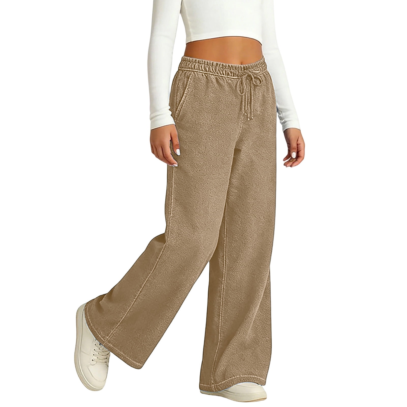 Atogsazn Kids Girls Wide Leg Jeans Childrens Casual Baggy Elastic Waist Denim Pants Drawstring Trouser with Pocket Khaki 15-16 Years Fashion