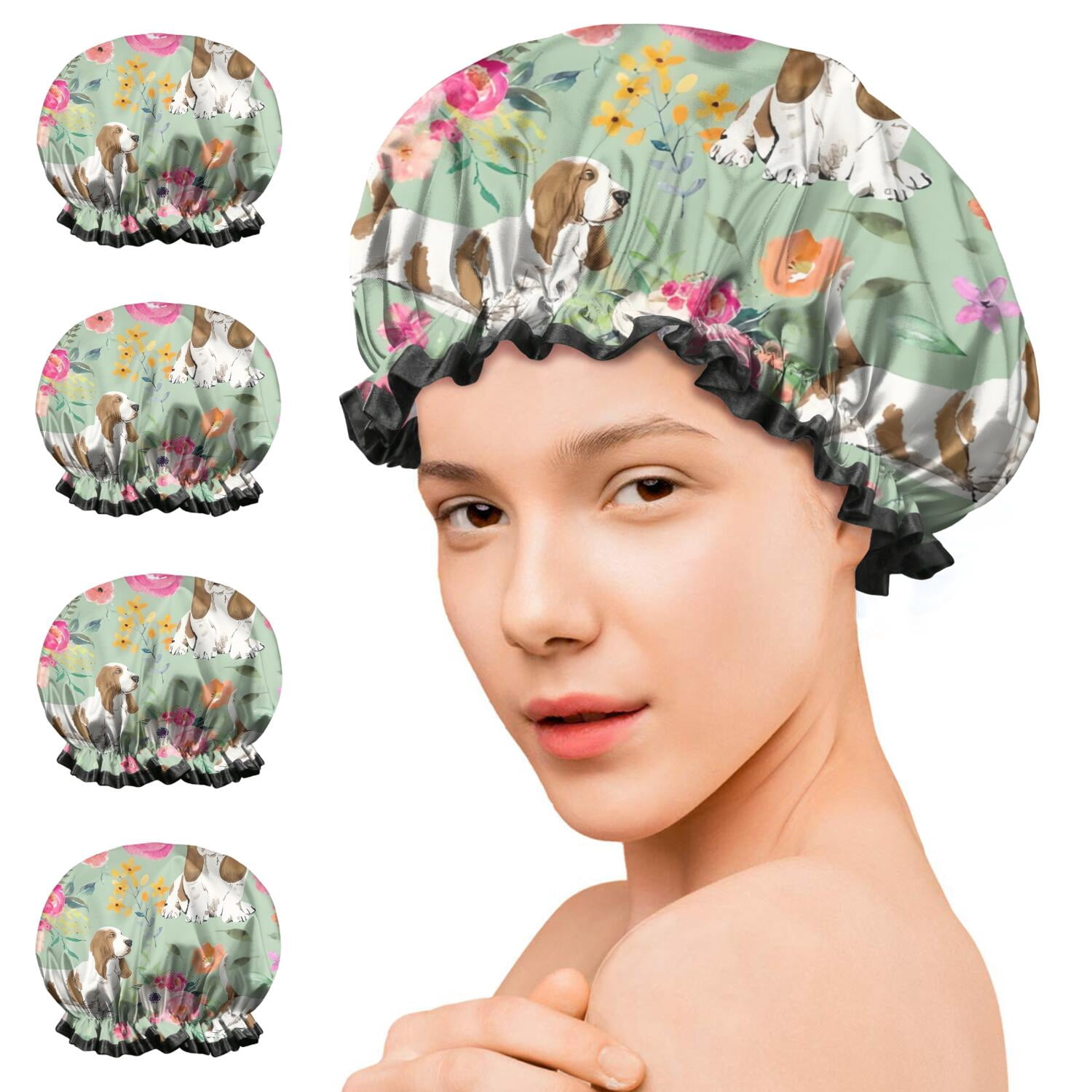 Shower Caps,Basset Hound and Pioneer Flower Waterproof Shower Cap for Women 4 Pieces,Double Reusable Hair Cover for Shower PEVA Elastic Stretch Hem