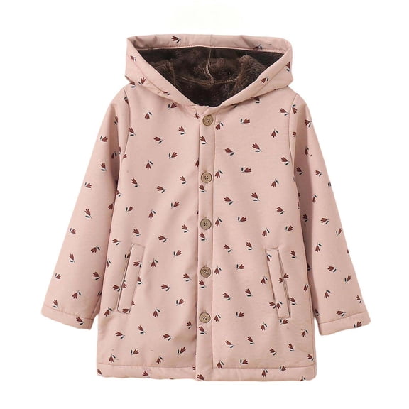 Zpanxa Girls Winter Coats Girls Ditsy Floral Print Fleece Lined Hooded Coat Kids Mid-Length Windproof Warm Winter Jacket