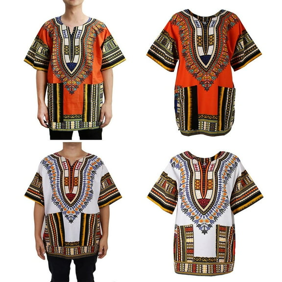 2 Pcs Mens Short Sleeve Dashiki Colorful African Festival Tribal Dress Shirt