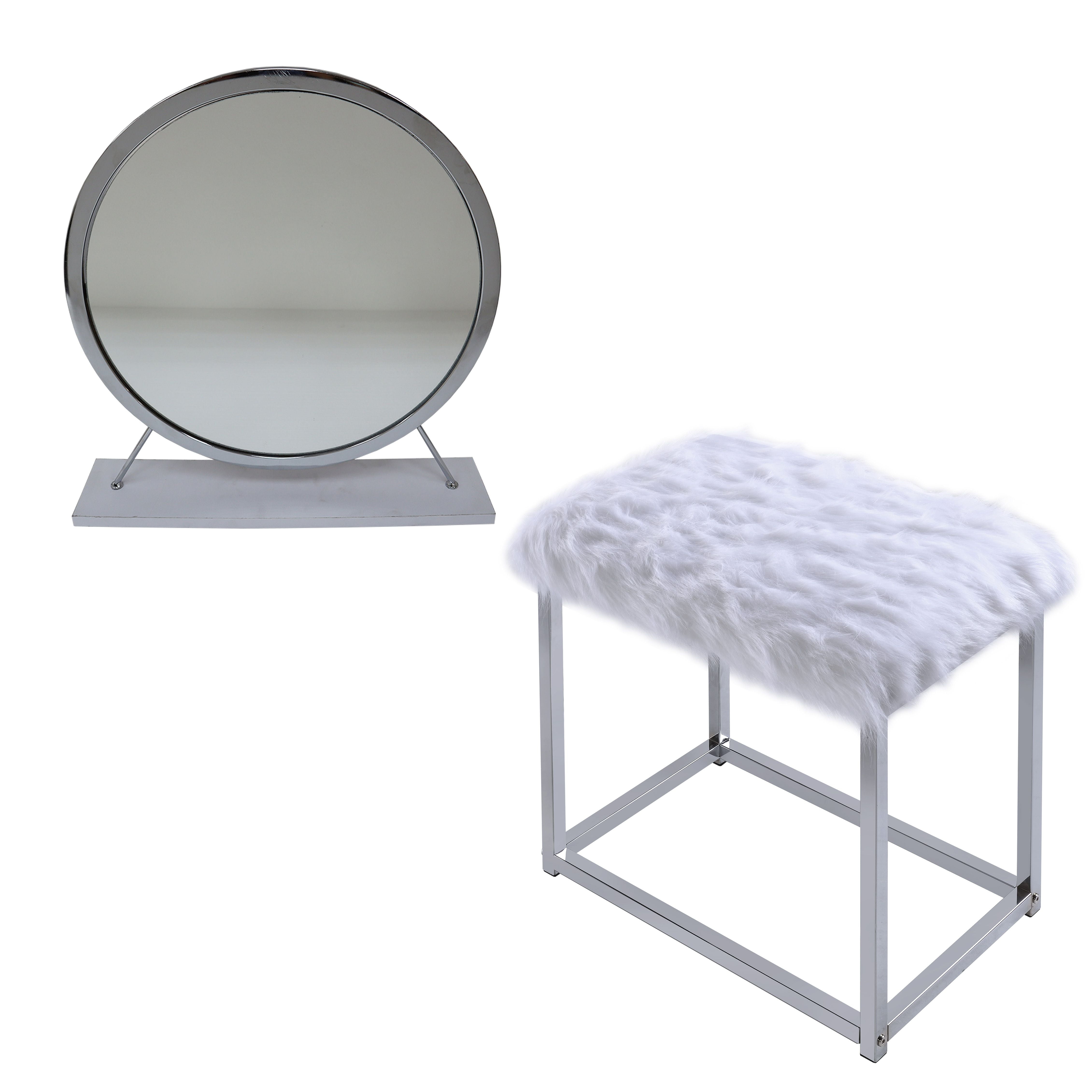 CoSoTower Vanity Mirror & Stool, Faux Fur, Mirror, White & Chrome ...