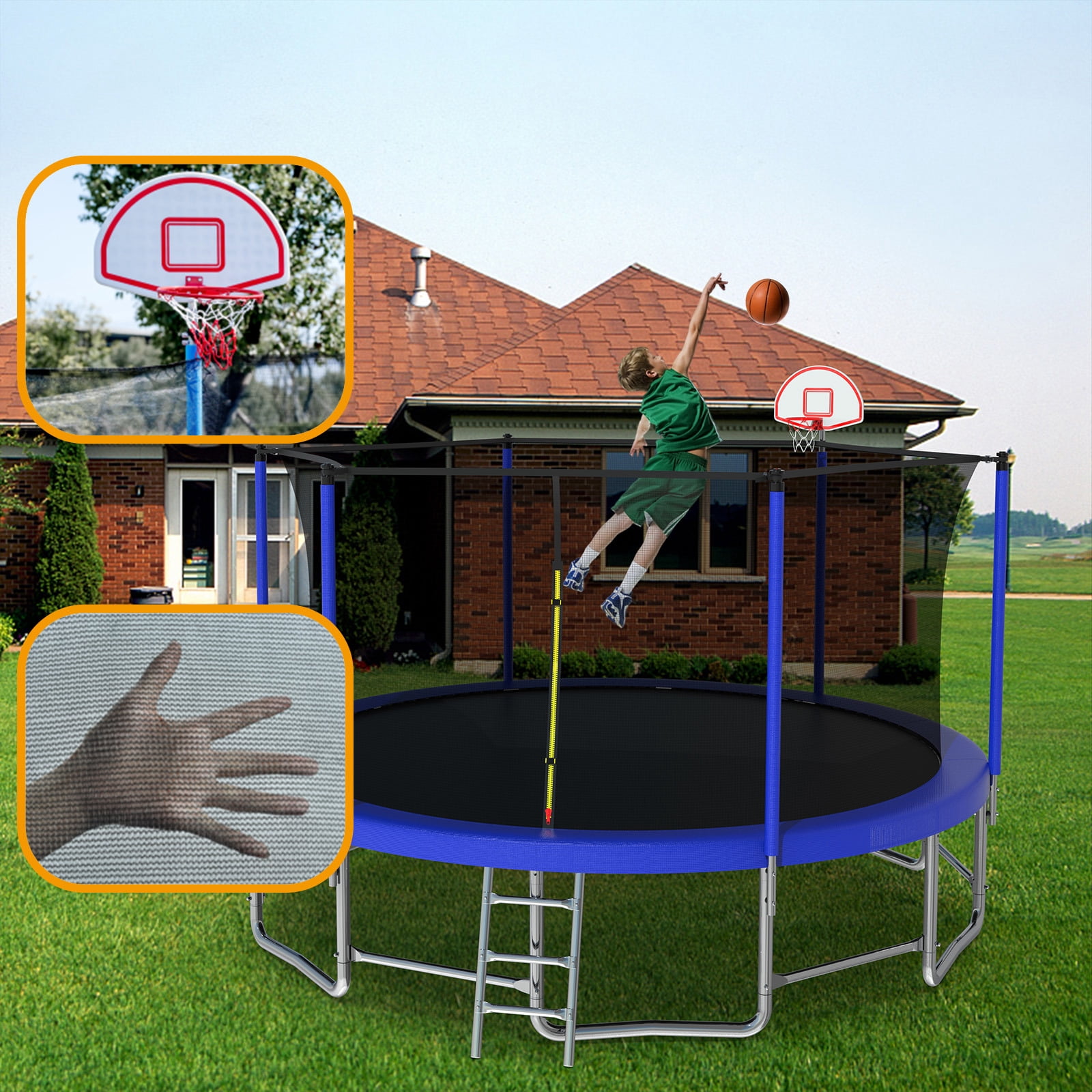 Hommoo 15FT Trampoline for Kids, Outdoor Backyards Large Recreational Trampoline with Basketball Hoop and Ladder, Safety Enclosure Net, Blue