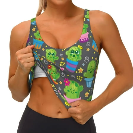 Qokaie Cactus In Pots Pattern Womens Scoop Neck Sports Bra Breathable Workout Vest Padded U Back Medium Impact Fitness Gym Yoga Bra Workout Crop Top