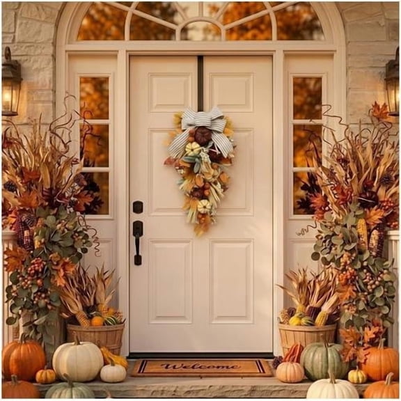 WWC Fall Teardrop Wreath, Artificial Maple Leaf Bow Door Hanging with Pumpkins and Berries, Autumn Thanksgiving Decor for Front Door and Wall