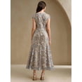 thumbnail image 2 of Elegant Silver Floral Mesh Sequin Short Sleeve Midi Dress For Formal, 2 of 7