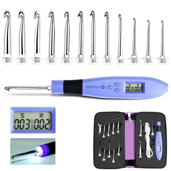 Ycxydr Digital Counting Crochet Hook Set with 12 Hooks, LED Light, Ergonomic Grip, Digital Stitch Counter
