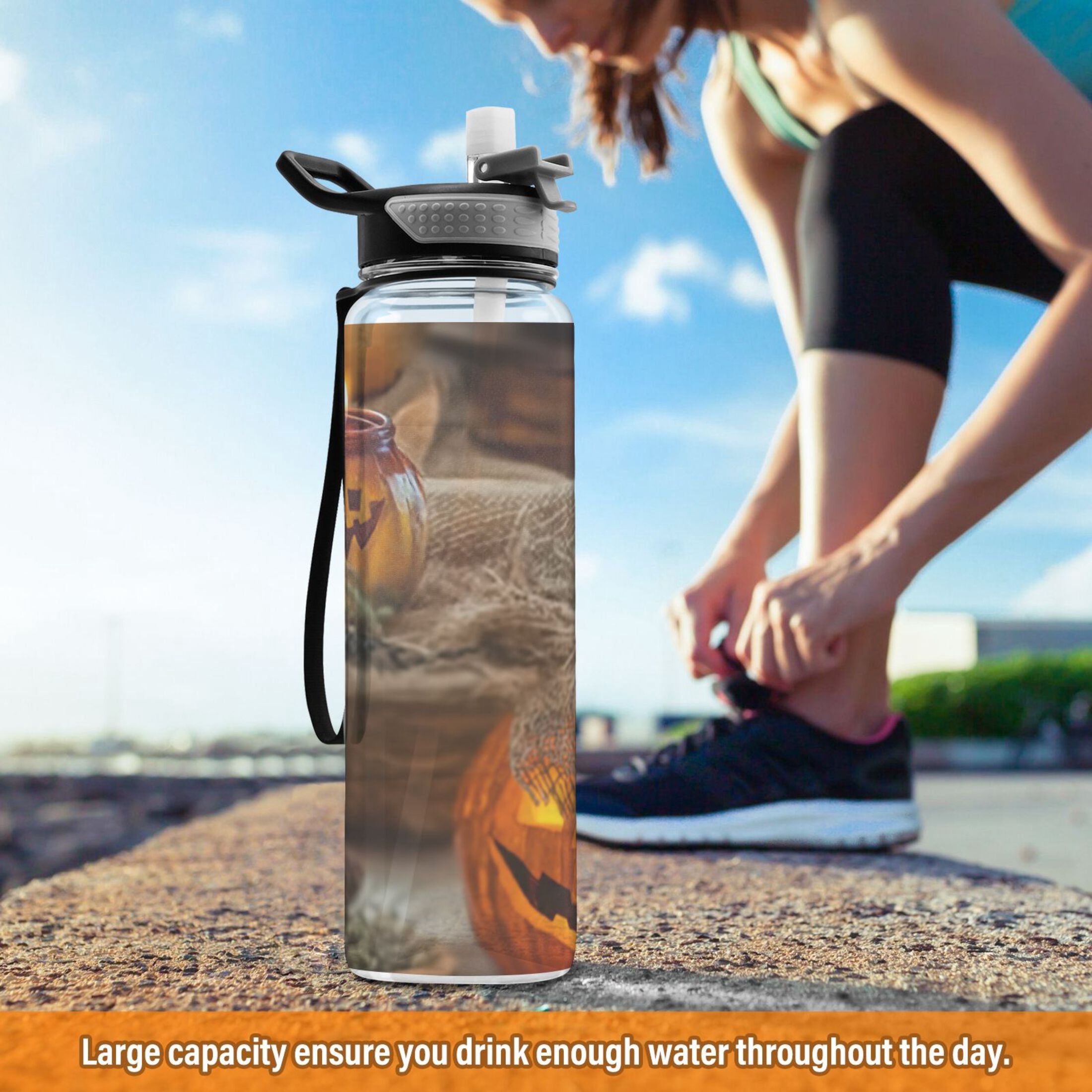 32oz Transparent Sports Water Bottle with Straw for Kids Adults Outdoor School Gym Fitness Pumpkin-shaped Glass Jar