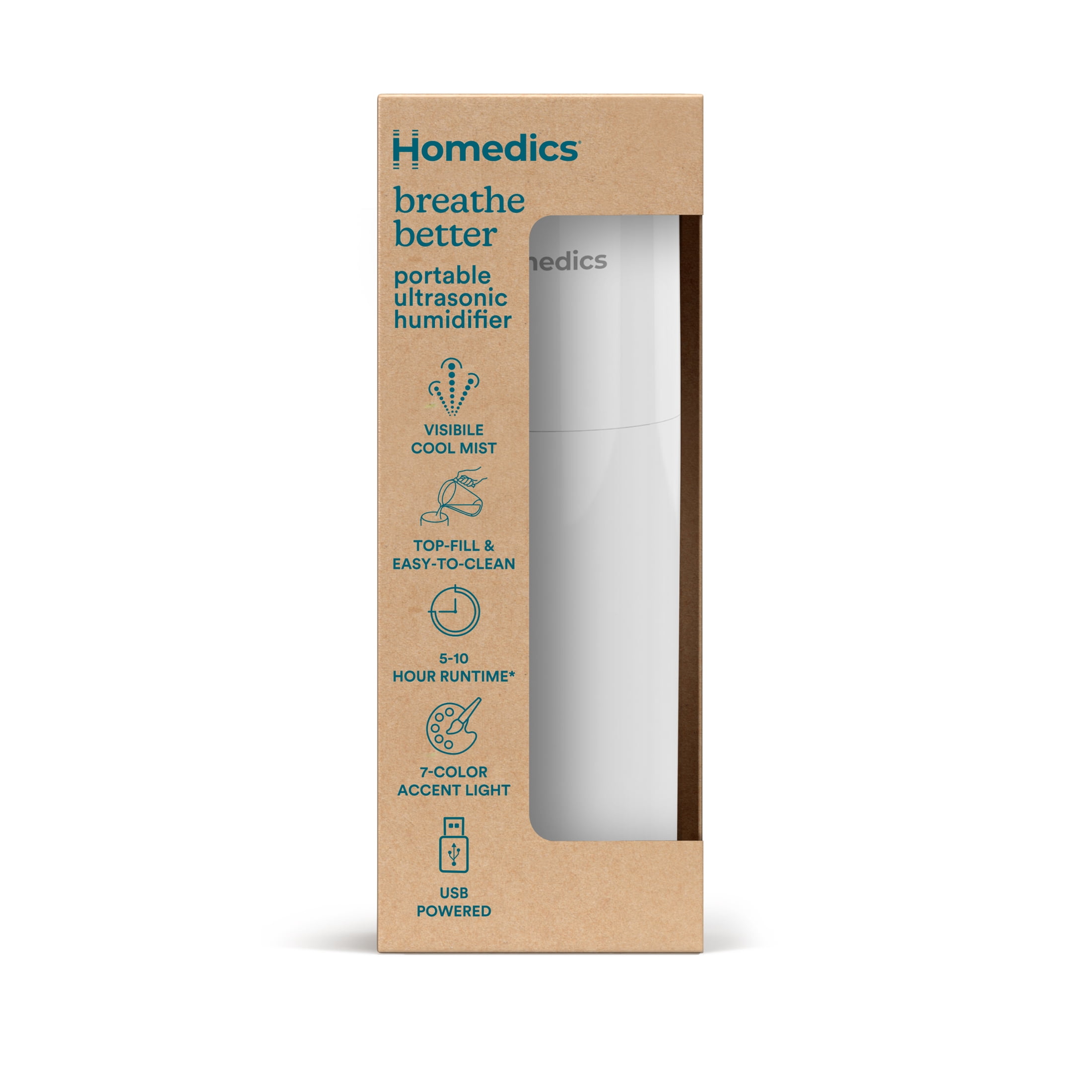 Homedics Portable Ultrasonic Humidifier, 7.7-Ounce, White