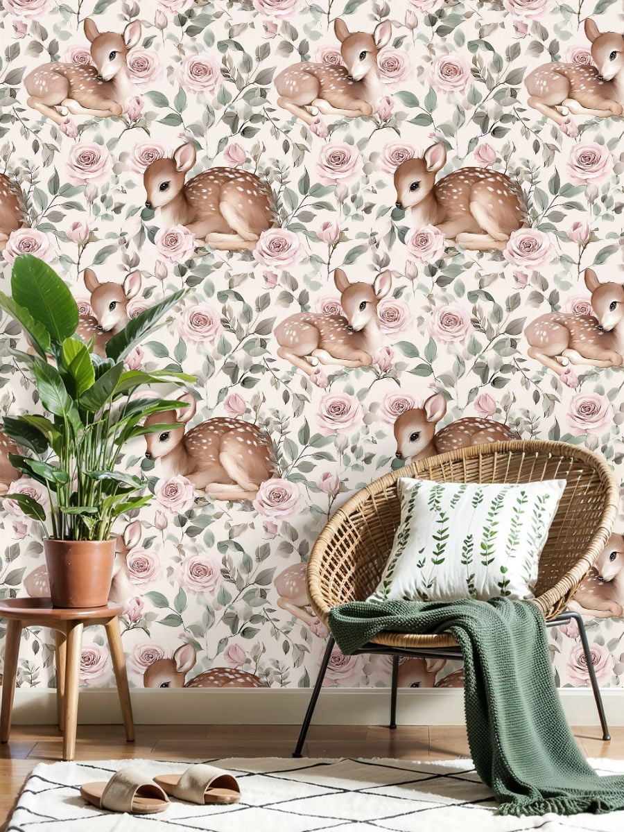 Farmhouse Peel and Stick Wallpaper 17.7in x 9.8ft Baby Deer Fawn Floral Pink Roses Soft Pastel Contact Paper Vinyl Waterproof Self Adhesive Wall Paper for Bedroom Shelf Cabinet Renter Friendly