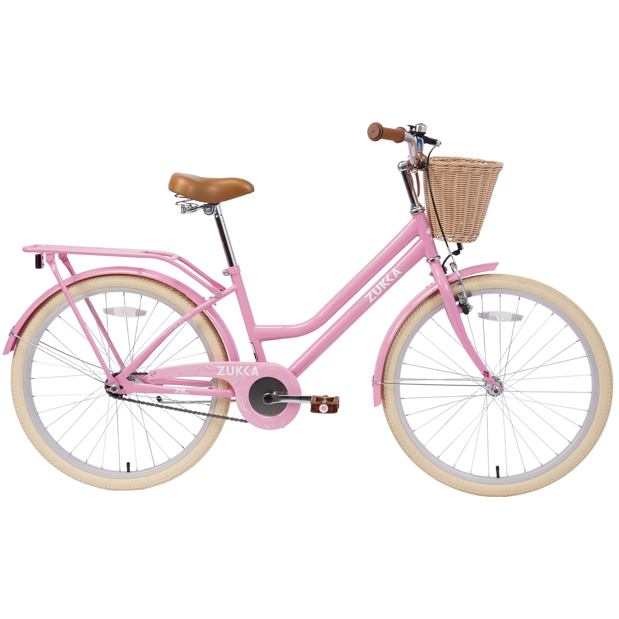 Aukfa 24" Girls Bike with Basket, Cruiser Bike Children's Bicycle for 10+ Years Old Kids, Light Pink