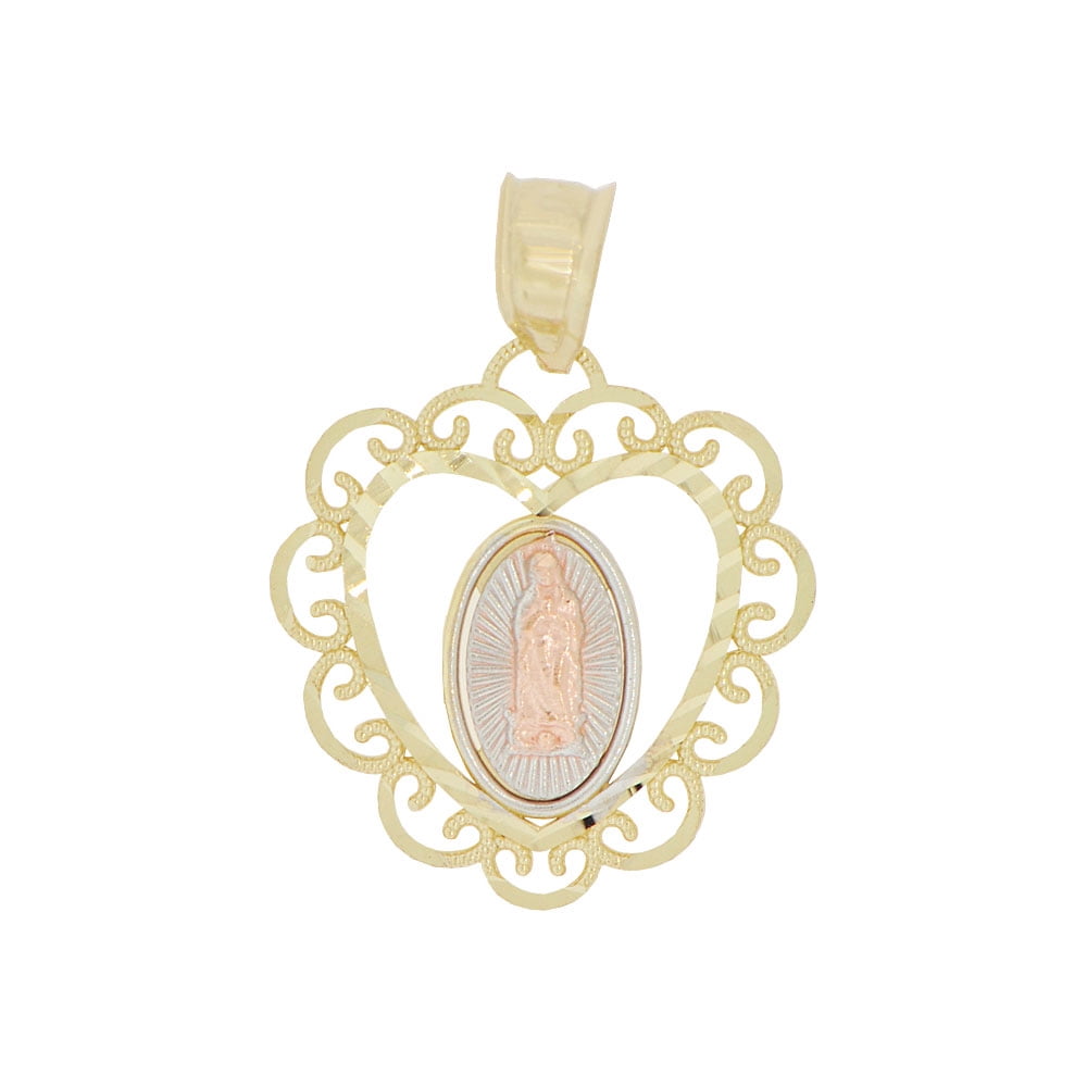 14k Tricolor Gold, Virgin Mary Heart Pendant Religious Charm Sparkly ...
