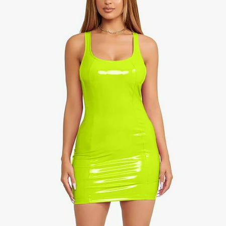 WILLBEST Vacation Dress Fashion Women Solid U Neck Sleeveless Leather Mini Bag Night Club Dress
