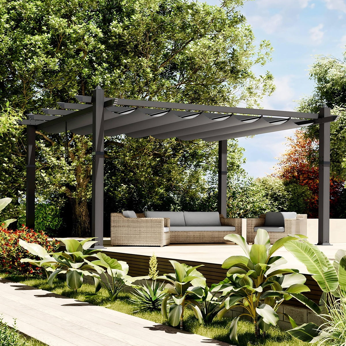 Danolapsi Outdoor Pergola 10 x 10ft Aluminum Pergola, Outdoor Shelter Modern Design with Adjustable Roof Sun Shade Pavilion Grape Trellis Grill Gazebo for Gardens, Patios, Garden Yard, Poolside, Deck