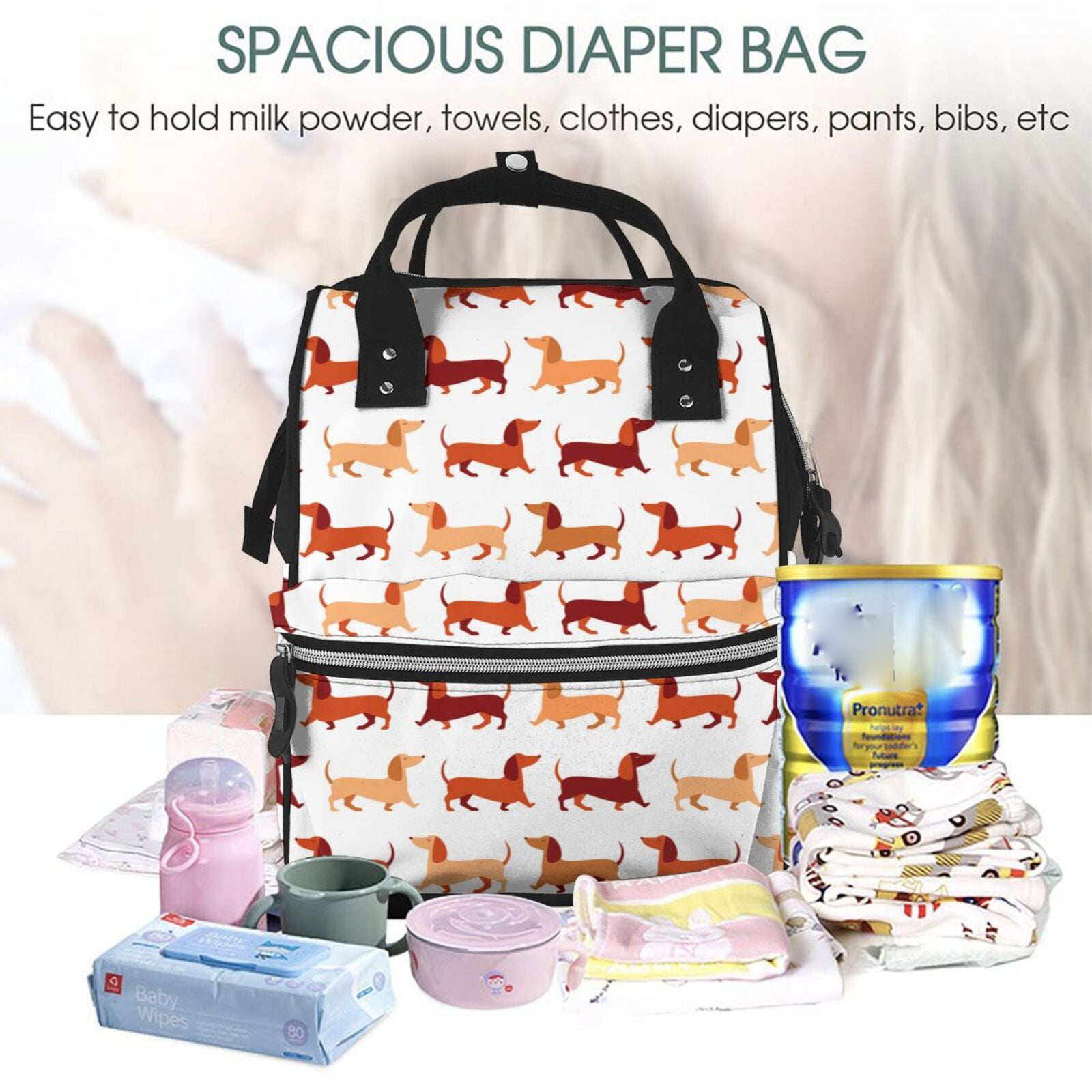 Defioc Dachshund Walking for Baby Diaper Bag Backpack - Baby Bag for Boys & Girls - Diaper Backpack - Large Travel Diaper Bags- Baby Registry Search & Shower Gifts