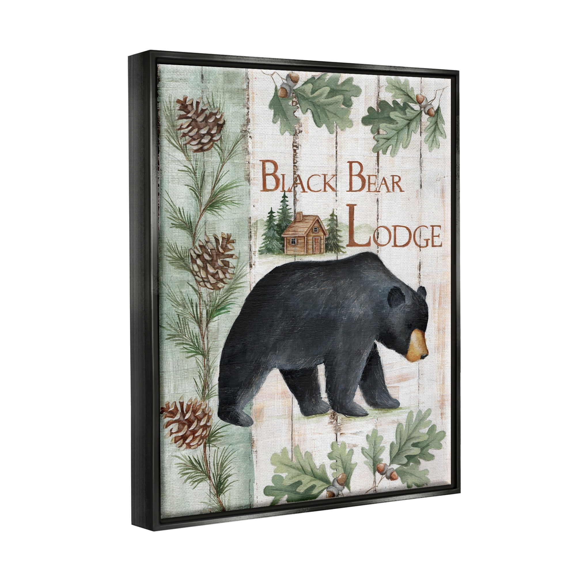 Stupell Industries Black Bear Lodge Rustic Cabin Botanicals Sign Graphic Art Jet Black Floating Framed Canvas Print Wall Art, Design by Emma Leach