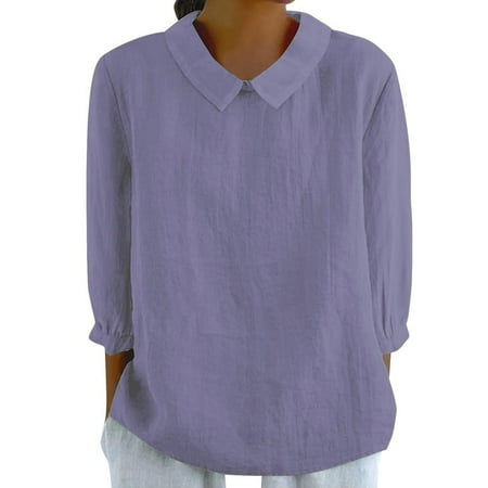 Womens Spring Tops  Loose Blouses Casual Solid Round Neck Long Sleeve Button Down Linen Shirt Lightweight Tops Yoga White Shirt Women Tops For Corset Crop Tops Camisole Tops (L  Purple) ZMTing