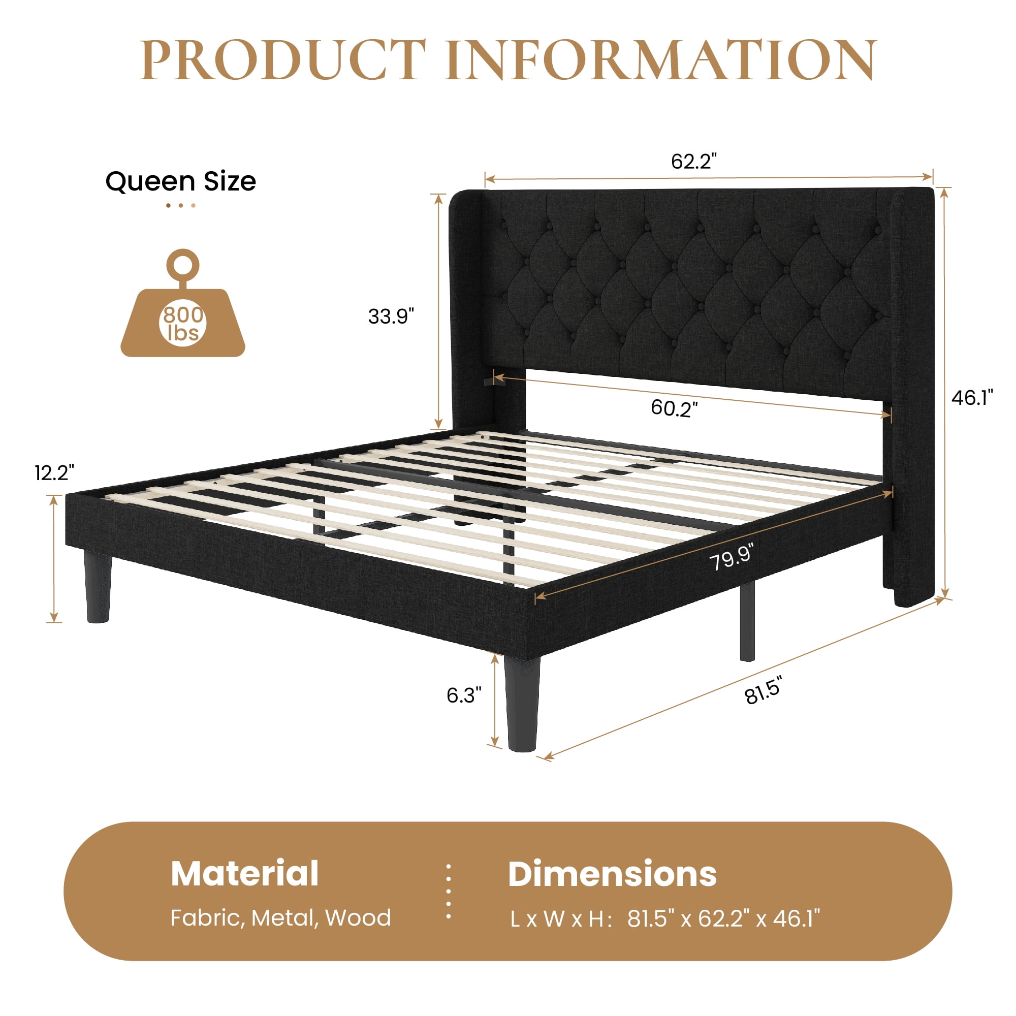 SHA CERLIN Queen Size Platform Bed Frame with Fabric Wingback&Tufted Upholstered Headboard, Black