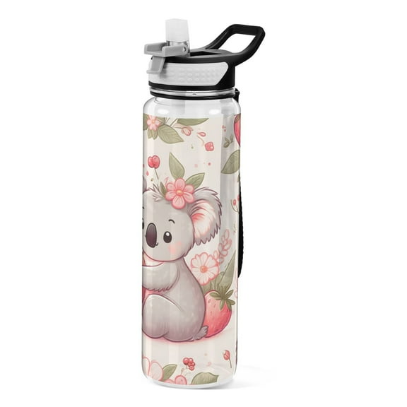Koalas Strawberry Sports Water Bottle Portable Travel Mug 32oz BPA Free Leak Proof Straw Transparent Tritan for Gym Yoga Cycling Camping