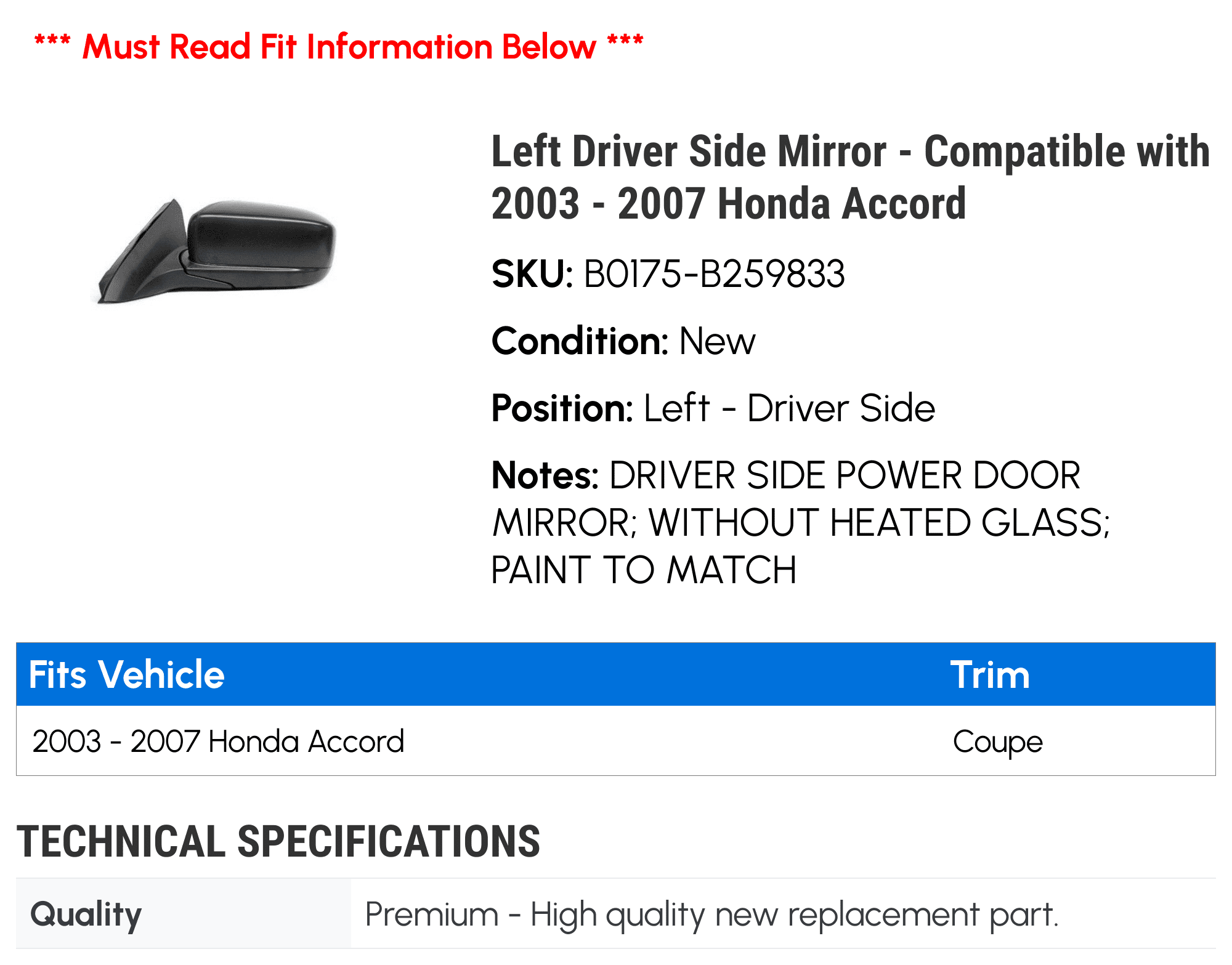 Left Driver Side Mirror - Compatible with 2003 - 2007 Honda Accord 2004 2005 2006