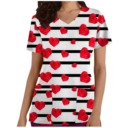 

CYMMPU Women s V-Neck Pocketed Scrub_Tops Nurse Workwear Uniform Clearance Going out Tops Summer Tees Short Sleeve Shirts Trendy Valentine s Day Tunic Love Heart Printing Fashion Tshirts Red XL