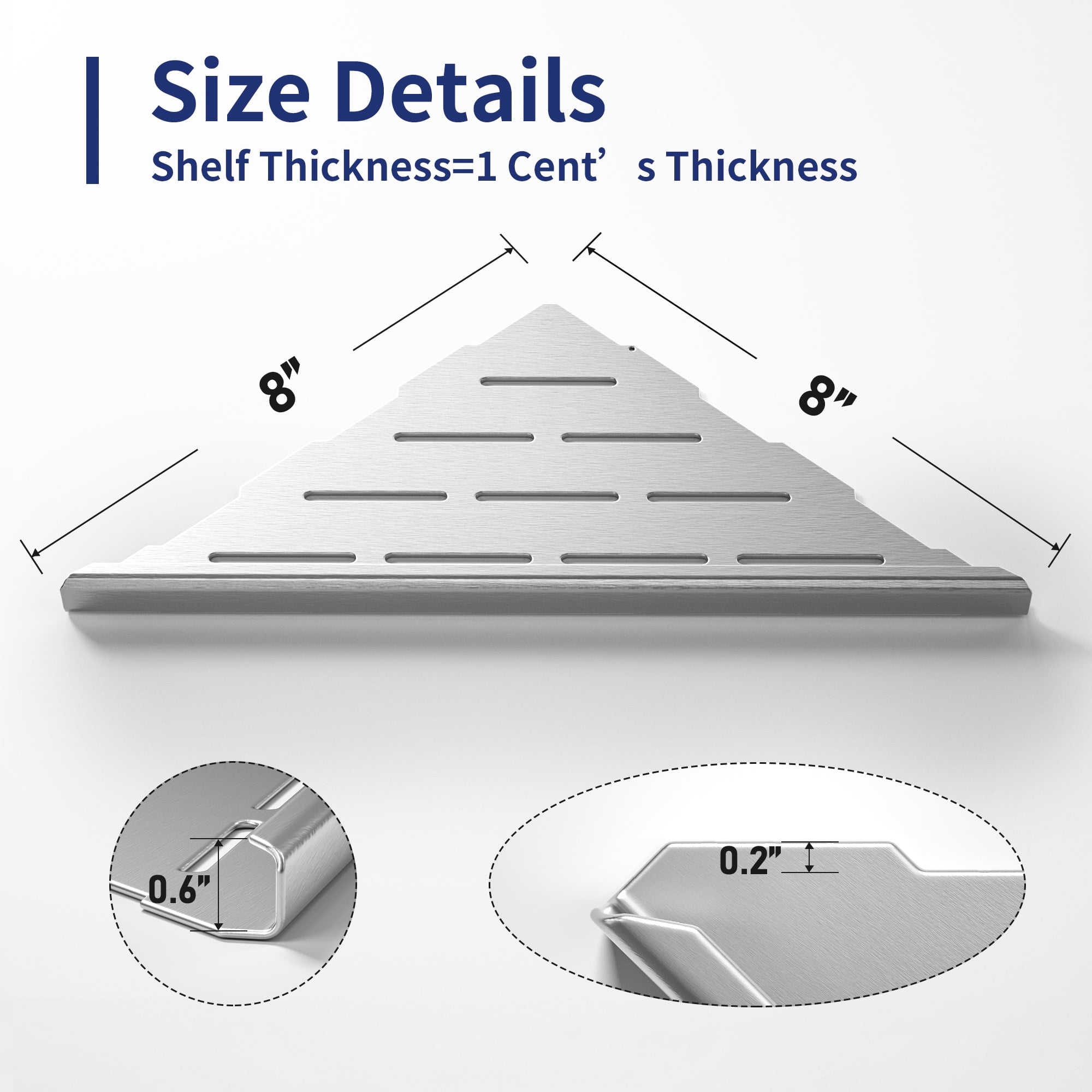 Bernkot Corner Shower Shelf, 8" Brushed 304 Stainless Steel Slot Design Recessed Corner Shelves 2 Pack Bathroom Shelf Rack for Tiled Wall, Grouted Shelf