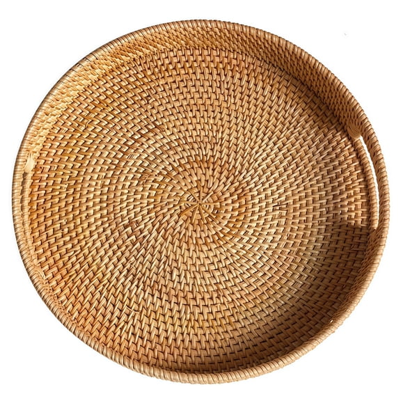Round Rattan Tray, Hand Woven Serving Tray with Handles, Wicker Serving Basket, Decorative Tray for Home Decor, Natural