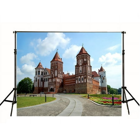 Image of 7x5ft Red Castle Photography Backdrop White Cloud and Blue Sky Photo Background