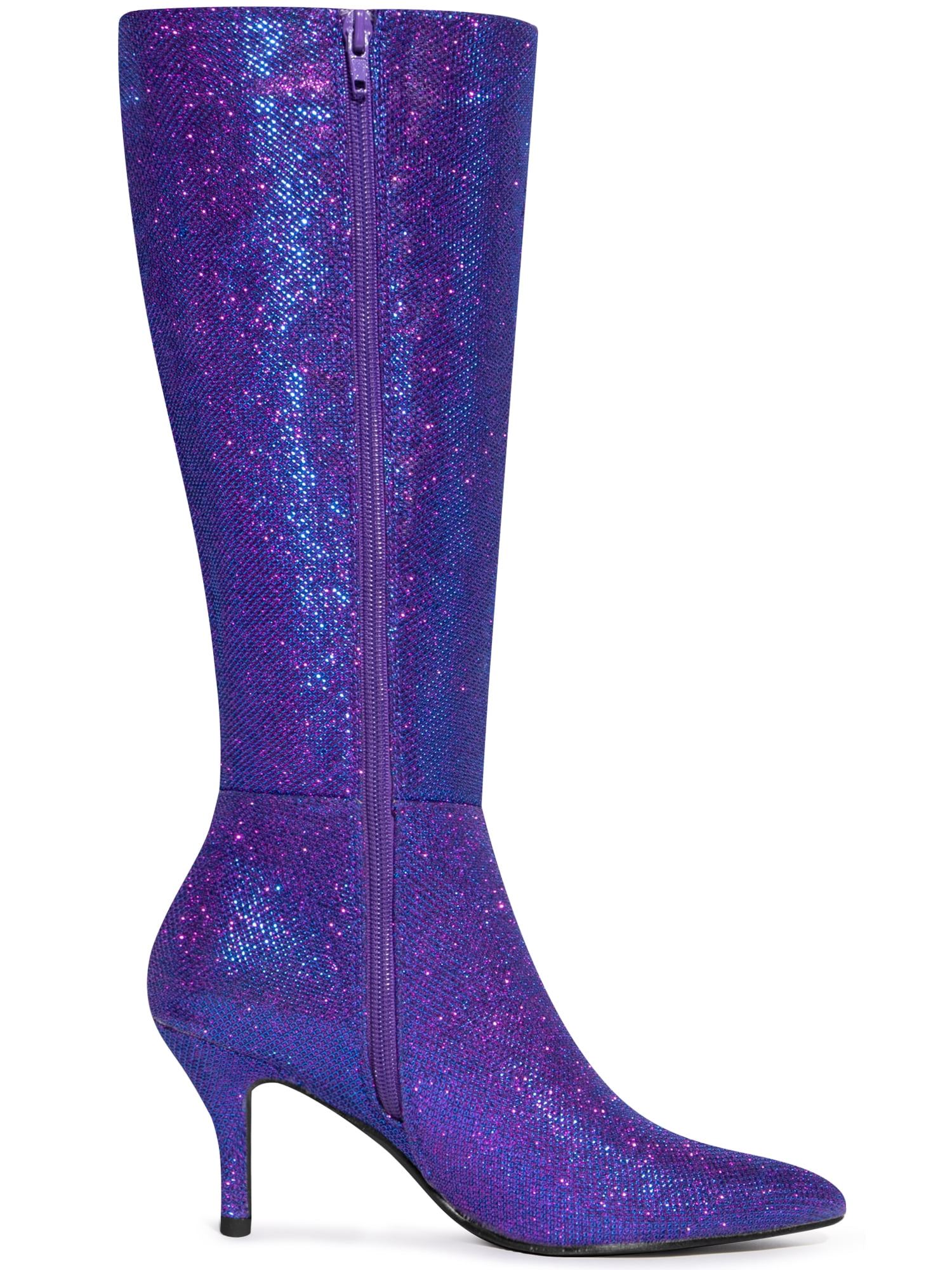 DARING DIVA Women's Pointy Toe Sparkle Glitter Stiletto Heel Knee High Boots Purple 6