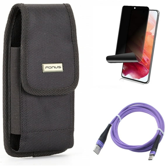 Case Belt Clip & Privacy Screen Protector & 6ft USB Cable for Samsung Galaxy S22 (6.1") - Swivel Holster & TPU Film Fingerprint Works & Purple Type-C Accessory Bundle