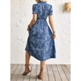 thumbnail image 6 of Blue Boho Floral Print Midi A-Line Dress With Ruffle Notched Neck Short Puff Sleeves, 6 of 7