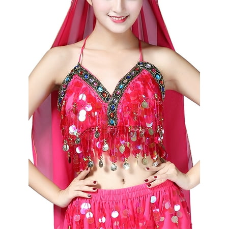 

Kiapeise Women Sequin Halter Bra Crop Top Backless Sexy Belly Dance Costume Boho Party Clubwear