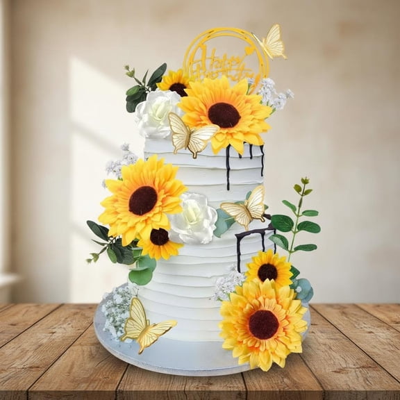 Sunflower Cake Topper, Multicolor Acrylic and Silk, Wedding Decorations with Butterfly, Eucalyptus, Rose