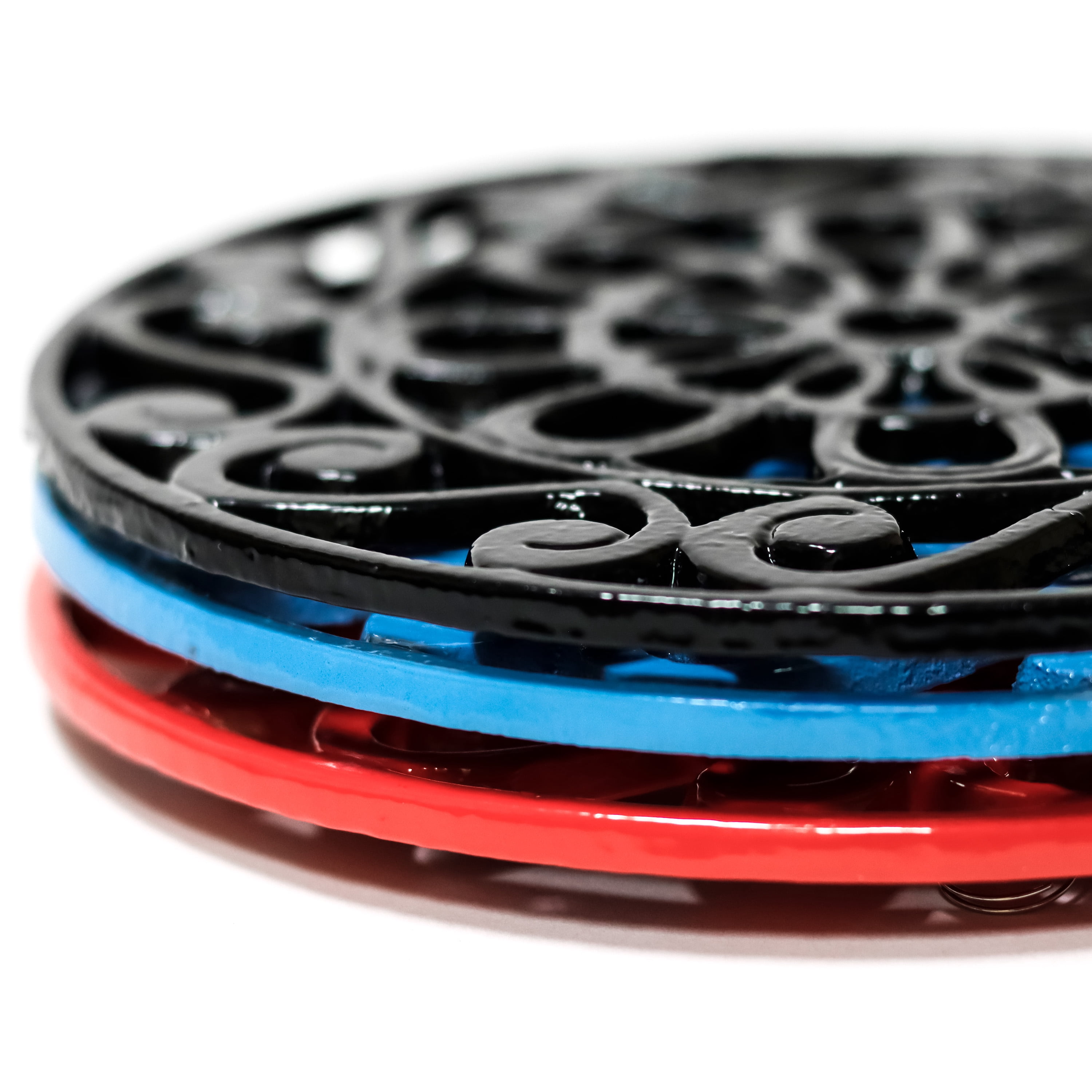 Decorative Cast Iron Metal Trivets (Set of 3, Black/Red/Blue)