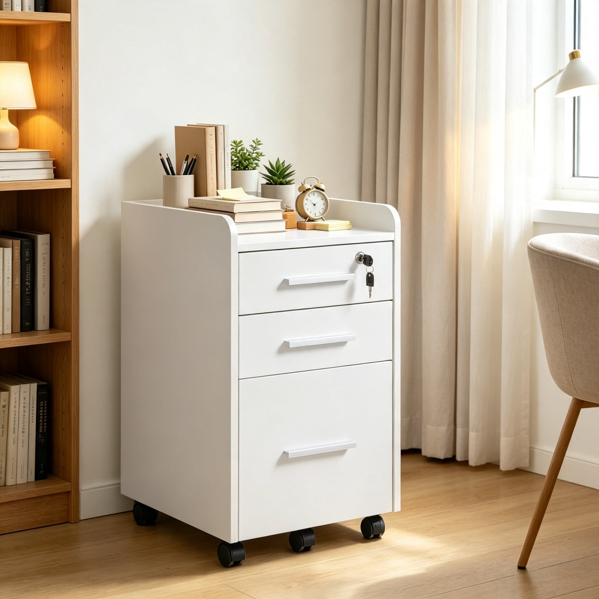 3 Drawer Mobile File Cabinet, for Office Document Organization, Lockable, Edged Top, Rolling, White