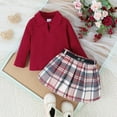 thumbnail image 3 of GYRATEDREAM Toddler Baby Girls Skirt 3Pcs Set Little Kids Lapel Long Sleeve Pit Strip Ribbed T Shirt Top Plaid Pleated Mini Skirt with Belt Outfits Fall Winter Clothes for 12 Months-5 Years Red White, 3 of 8